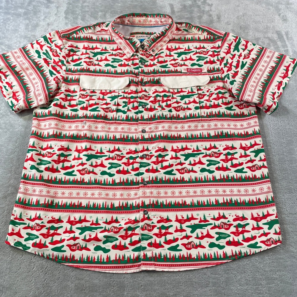 Magellan Christmas Fishing Shirt Mens 2XL Laguna Madre Holiday Vented‎ Light